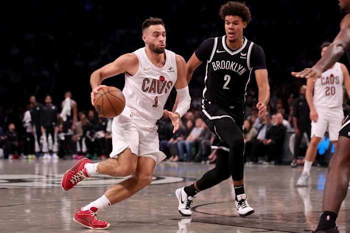 Oct 25, 2023; Brooklyn, New York, USA; Cleveland Cavaliers guard Max Strus (1) drives to the basket against Brooklyn Nets forward Cameron Johnson (2) during the second quarter at Barclays Center. Mandatory Credit: Brad Penner-USA TODAY Sports